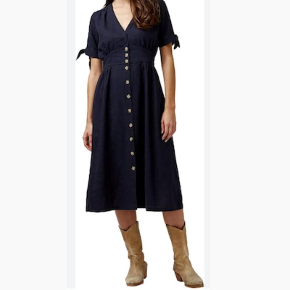 NWT Buffalo David Bitton Navy Linen Midi Dress Tie Sleeves Size Large